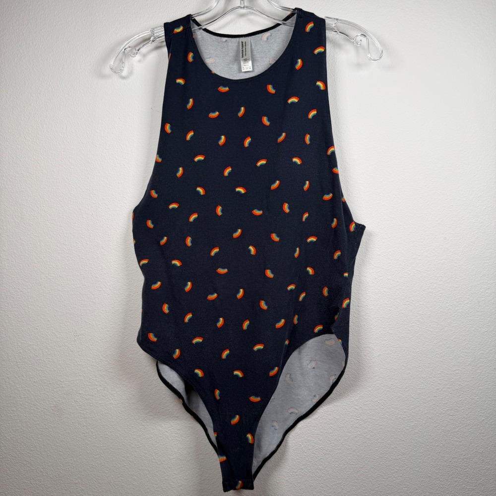 American Apparel Navy Rainbow Print Bodysuit XL Racerback Cotton Spandex